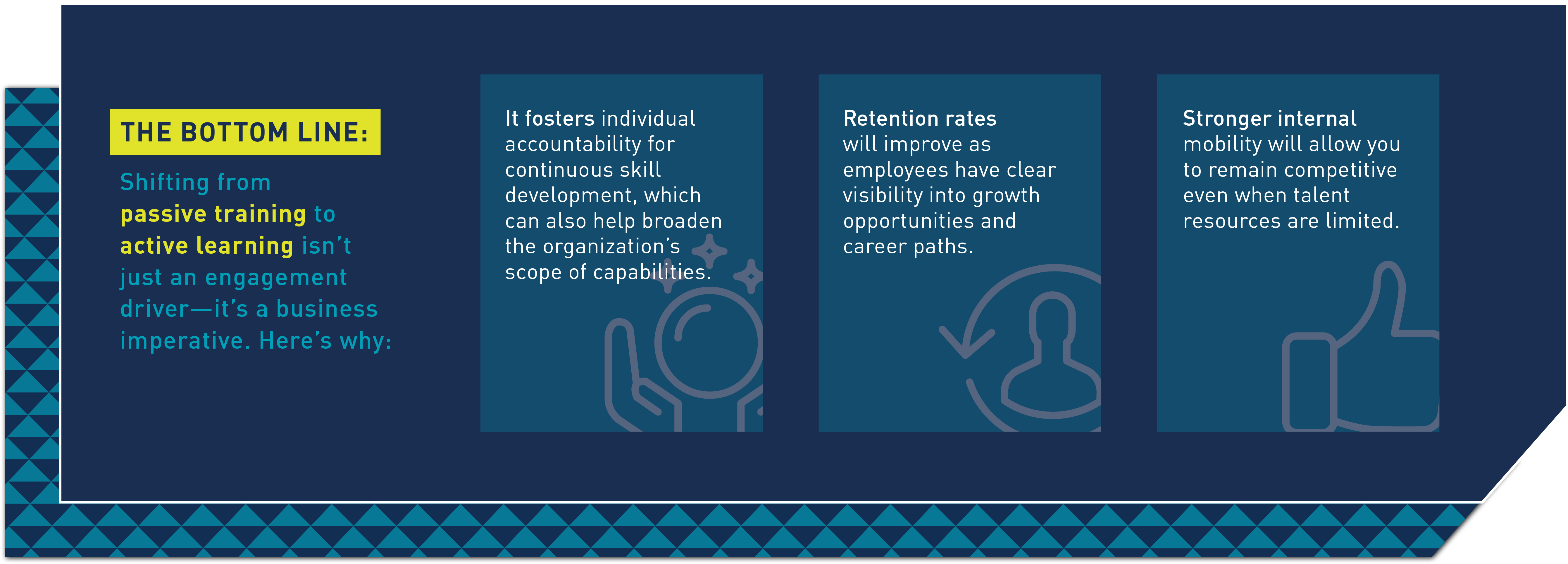 The Bottom Line: Shifting from passive training to active learning isn’t just an engagement driver—it’s a business imperative. Here’s why:  It fosters individual accountability for continuous skill development, which can also help broaden the organization’s scope of capabilities.    Retention rates will improve as employees have clear visibility into growth opportunities and career paths.  Stronger internal mobility will allow you to remain competitive even when talent resources are limited.