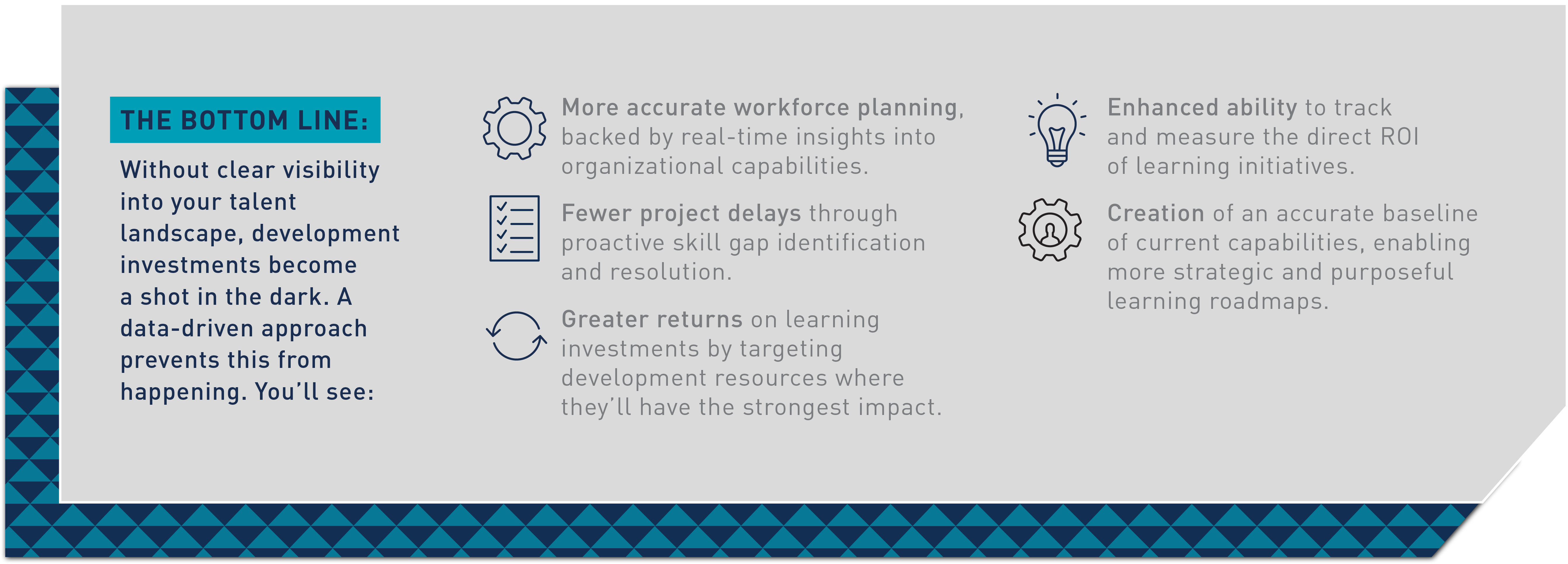 The Bottom Line: Without clear visibility into your talent landscape, development investments become a shot in the dark. A data-driven approach prevents this from happening. You’ll see:  More accurate workforce planning, backed by real-time insights into organizational capabilities.  Reduced project delays by proactively identifying and addressing critical skill gaps rather than being forced to play catch up.  Greater returns on learning investments by targeting development resources where they’ll have the strongest impact.  Enhanced ability to track and measure the direct ROI of learning initiatives.  Creation of an accurate baseline of current capabilities, enabling more strategic and purposeful learning roadmaps.