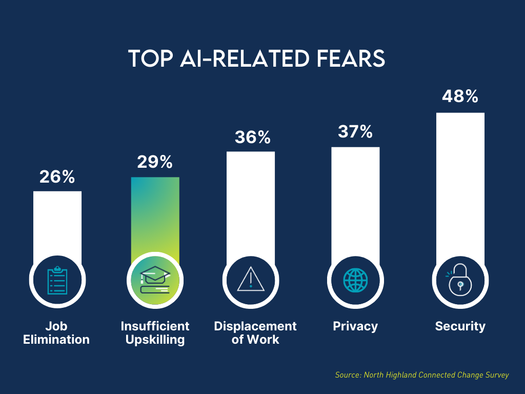 top ai related fears: security, privacy, job elimination, insufficient upskilling, displacement of work