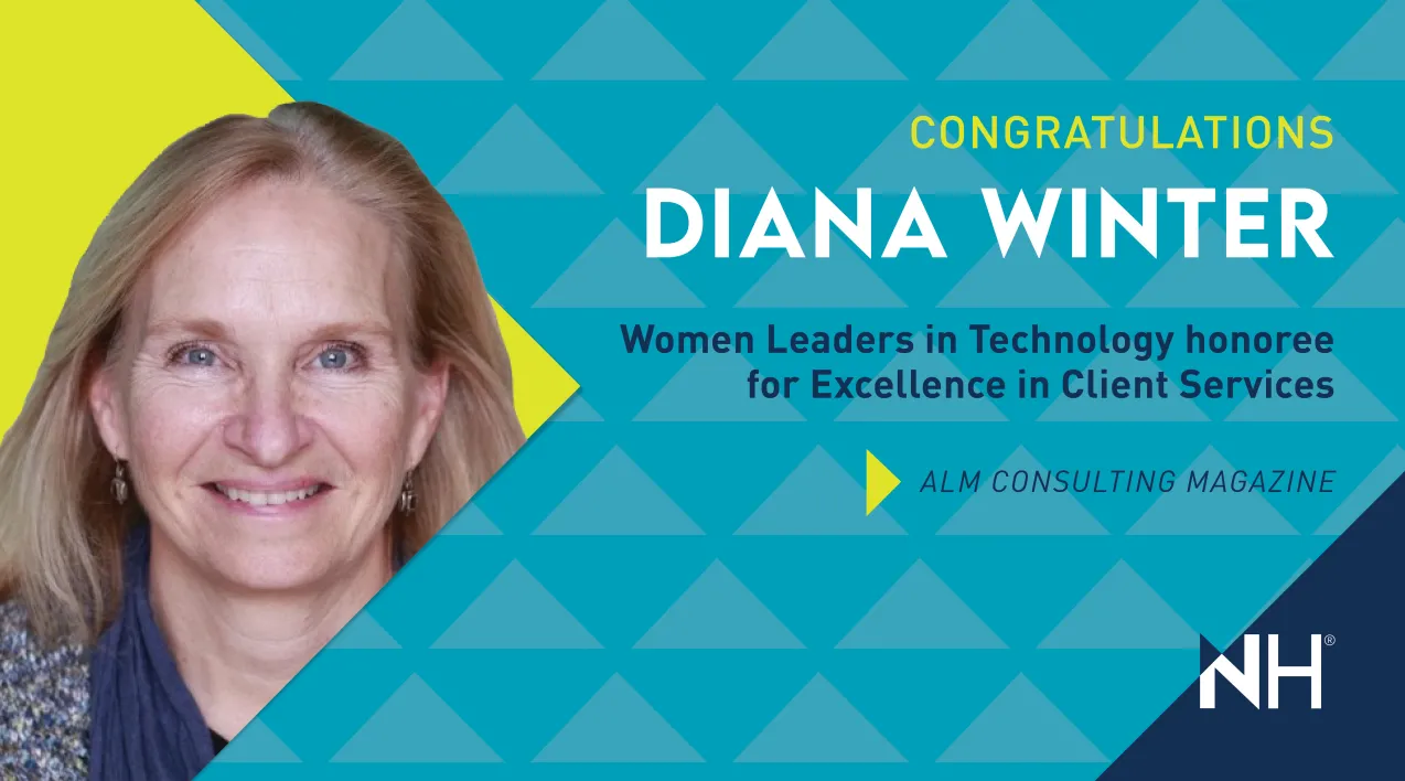 A banner featuring Diana Winter: "Congratulations, Diana Winter. Women Leaders in Technology honoree for Excellence in Client Services."