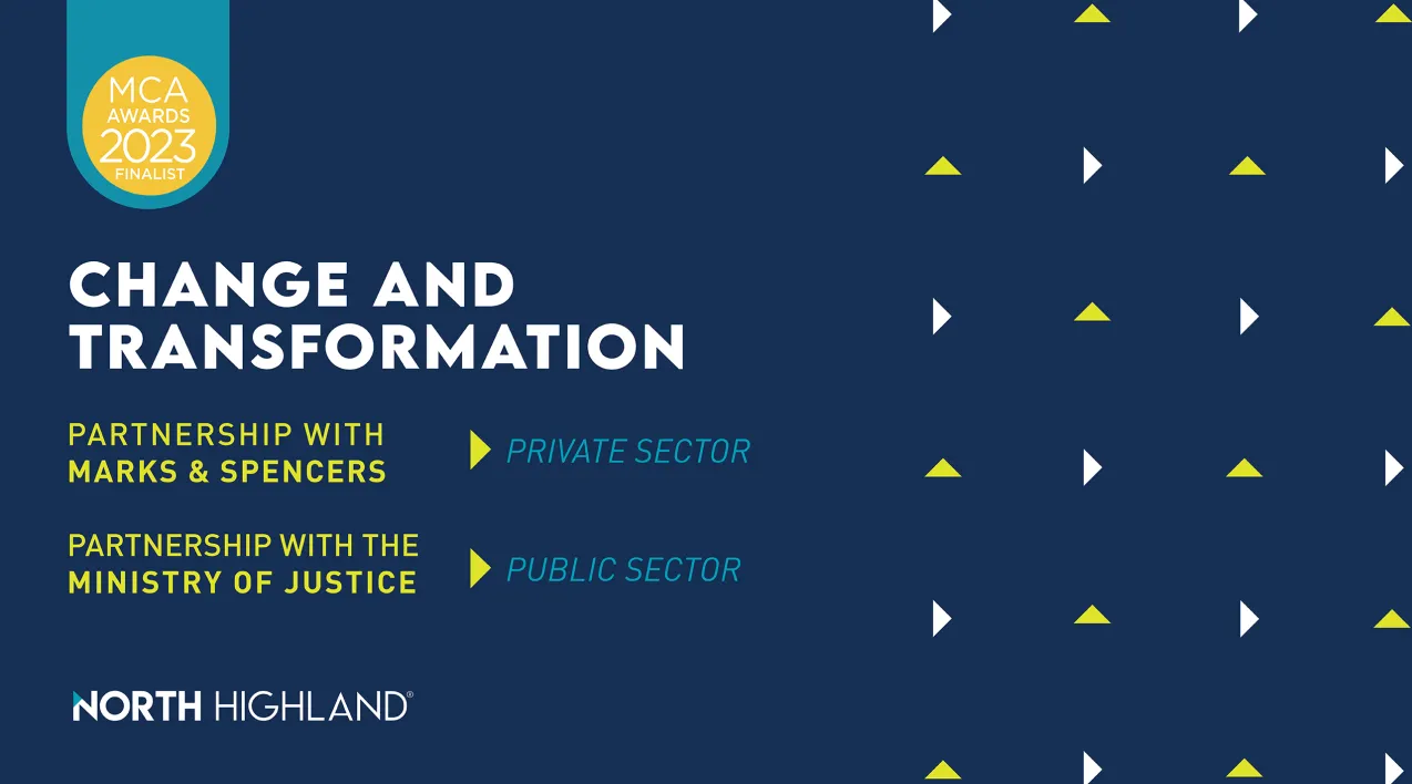 A banner: "MCA Awards 2023 Finalist: Change and Transformation. Partnership with Marks and Spencers (Private Sector). Partnership with the Ministry of Justice (Public Sector).