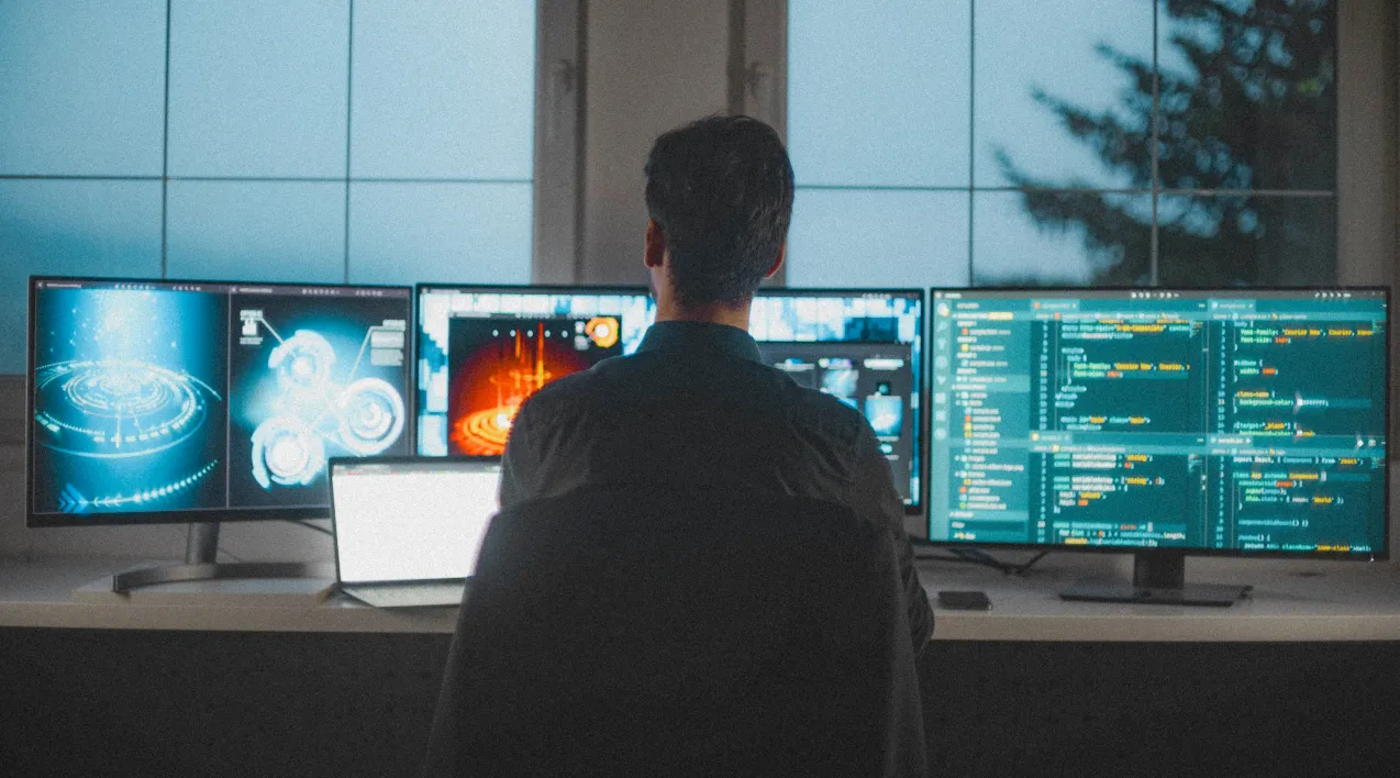 Man sitting in front of three computer monitors with data