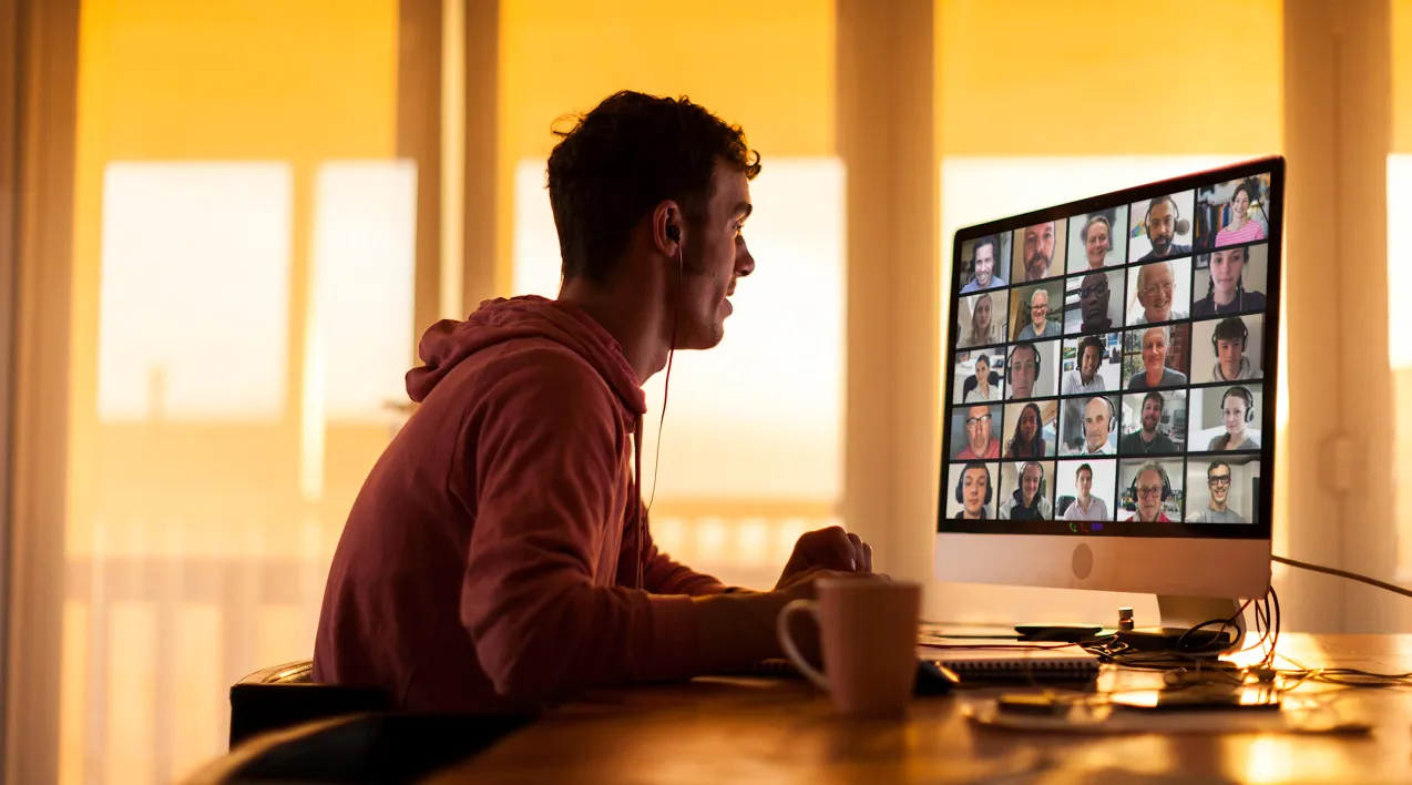 A man sits at a desk while on a remote meeting.